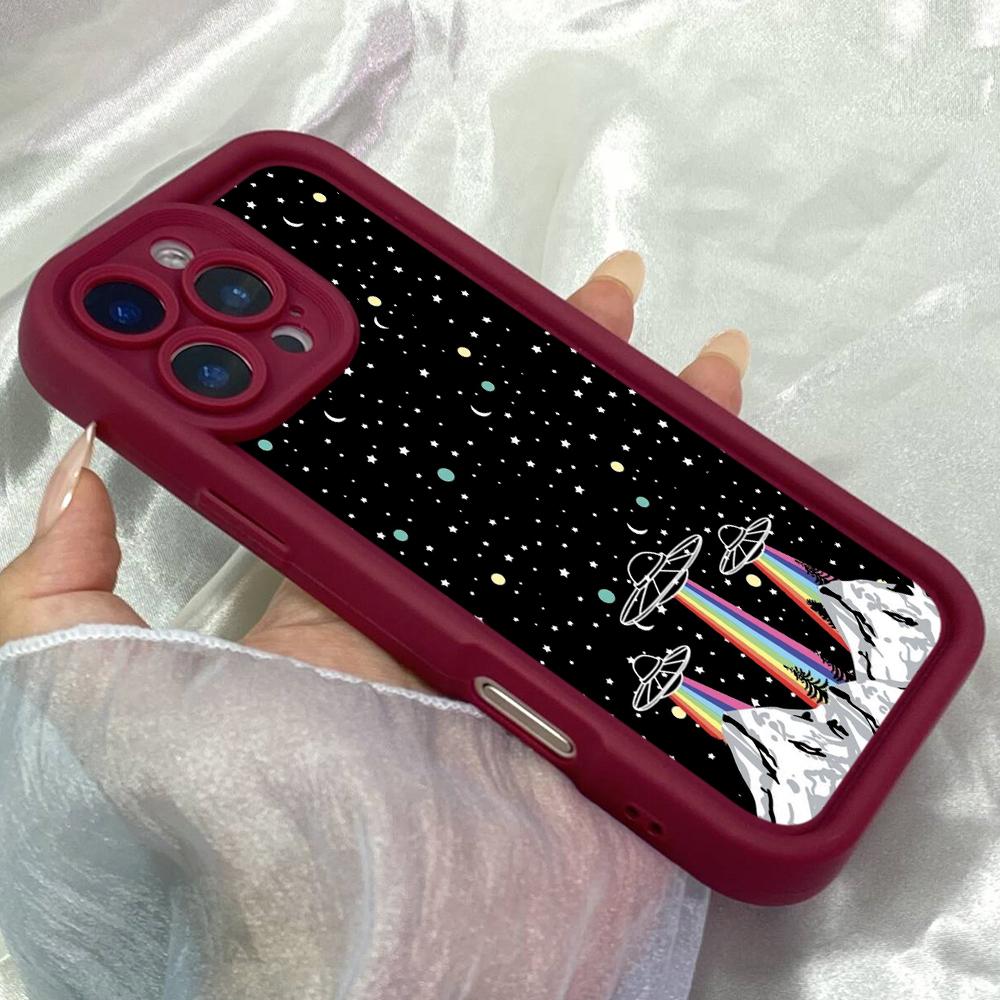 JT444 Радужные горы инопланетяне космический корабль для iPhone 17 16 15 14 13 Pro Max Samsung S26 S25 Ultra A17 A07 A56 A16 A15 Xiaomi 15T Redmi 15c Мягкий чехол