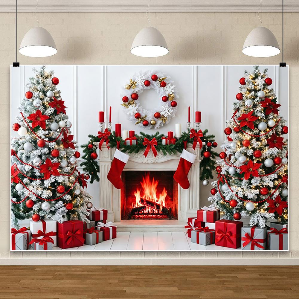 Yeele Christmas Fireplace Photography Backdrop Red Bow Socks Wreath Xmas Tree Gifts Decor Kids Family Portrait Photo Background