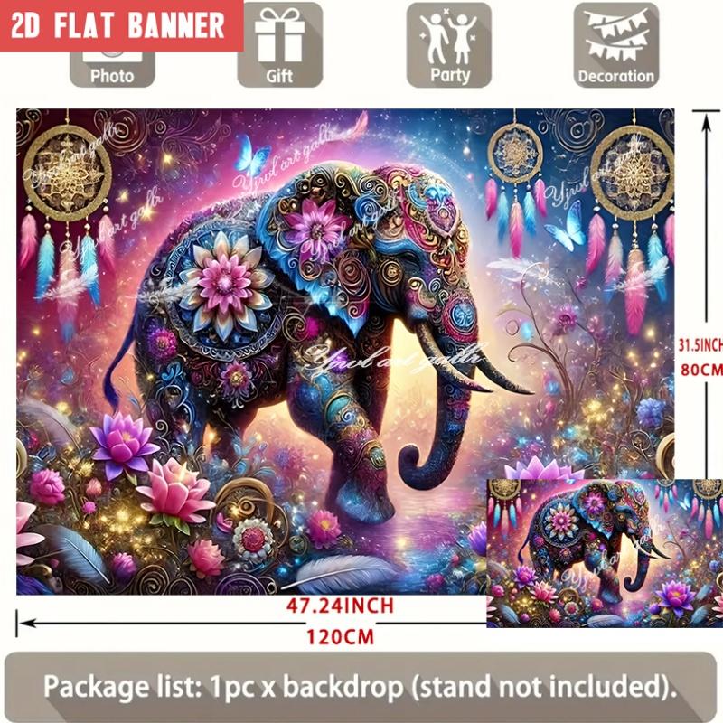 2D Flat Party Backdrop Banner - Elephant Theme with Floral Pattern, Polyester Photo Background for Wedding, Birthday & Family Party