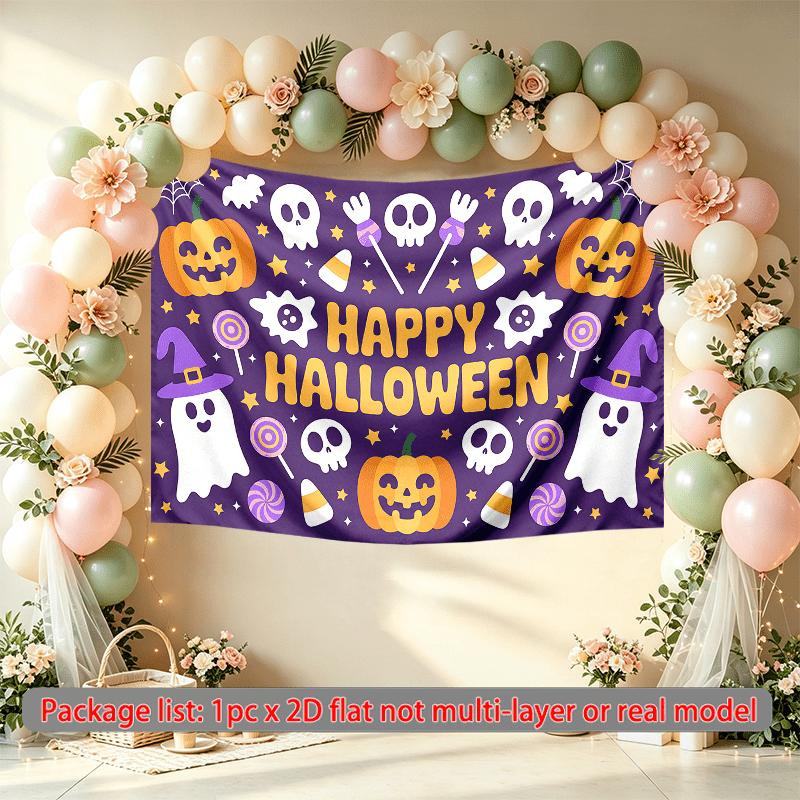 Pumpkins Ghosts Skulls Halloween Celebration Banner, Multicolor Polyester Backdrop for Party Decorations