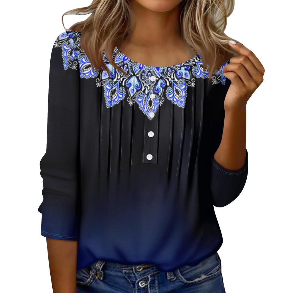 Women's Round Neck Pull Stripe Decorative Button Top Casual Solid Color 3/4 Sleeve T Shirt