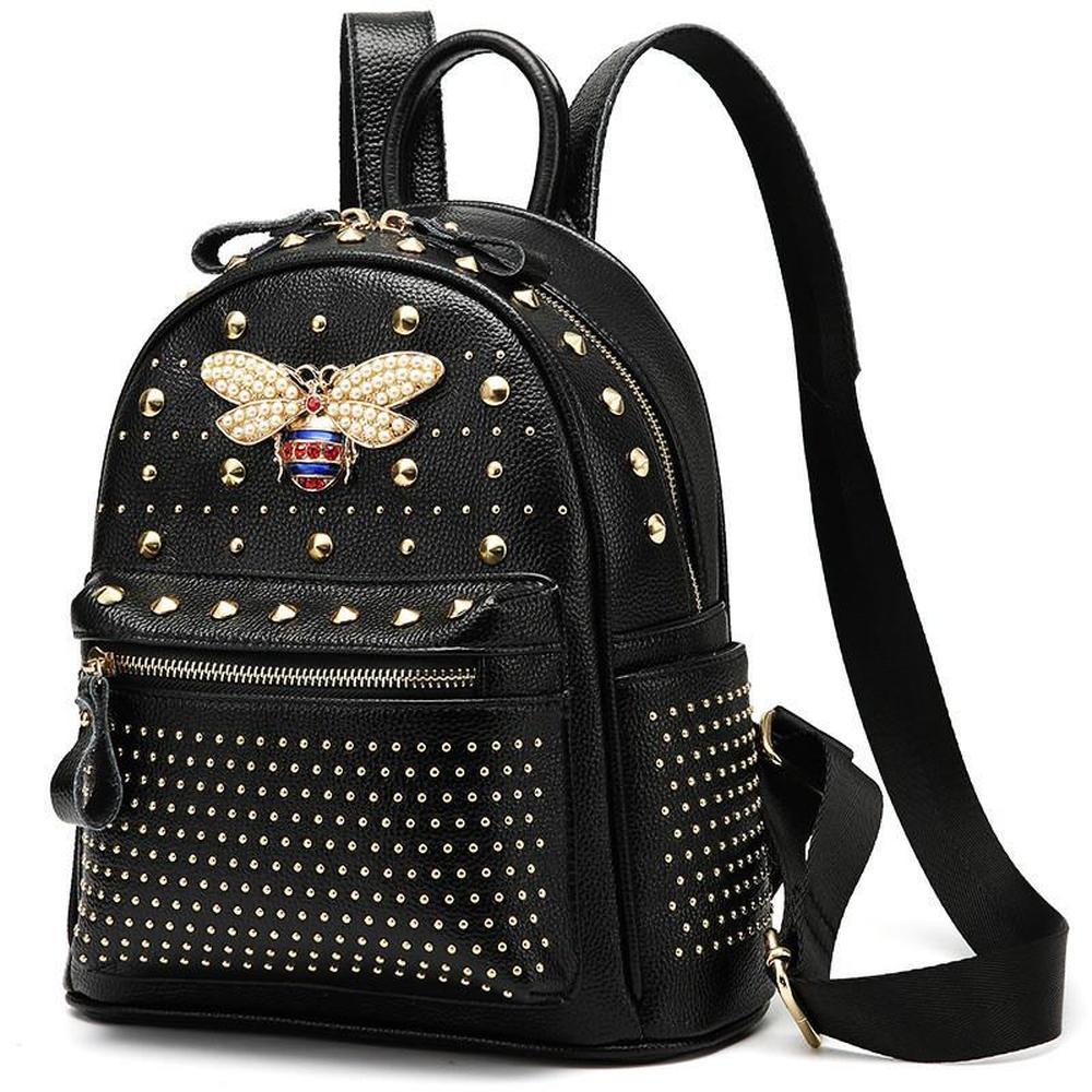 Women Bag Female Shoulder Bag Leather Backpack Bee Rivet Leather Handbags Leisure Travel Backpack