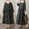 Spring and Summer New Vintage Cotton-Linen Round-neck Floral Pockets Long-Sleeved Dress for Women Loose Fit for Slimming A-Line Skirt