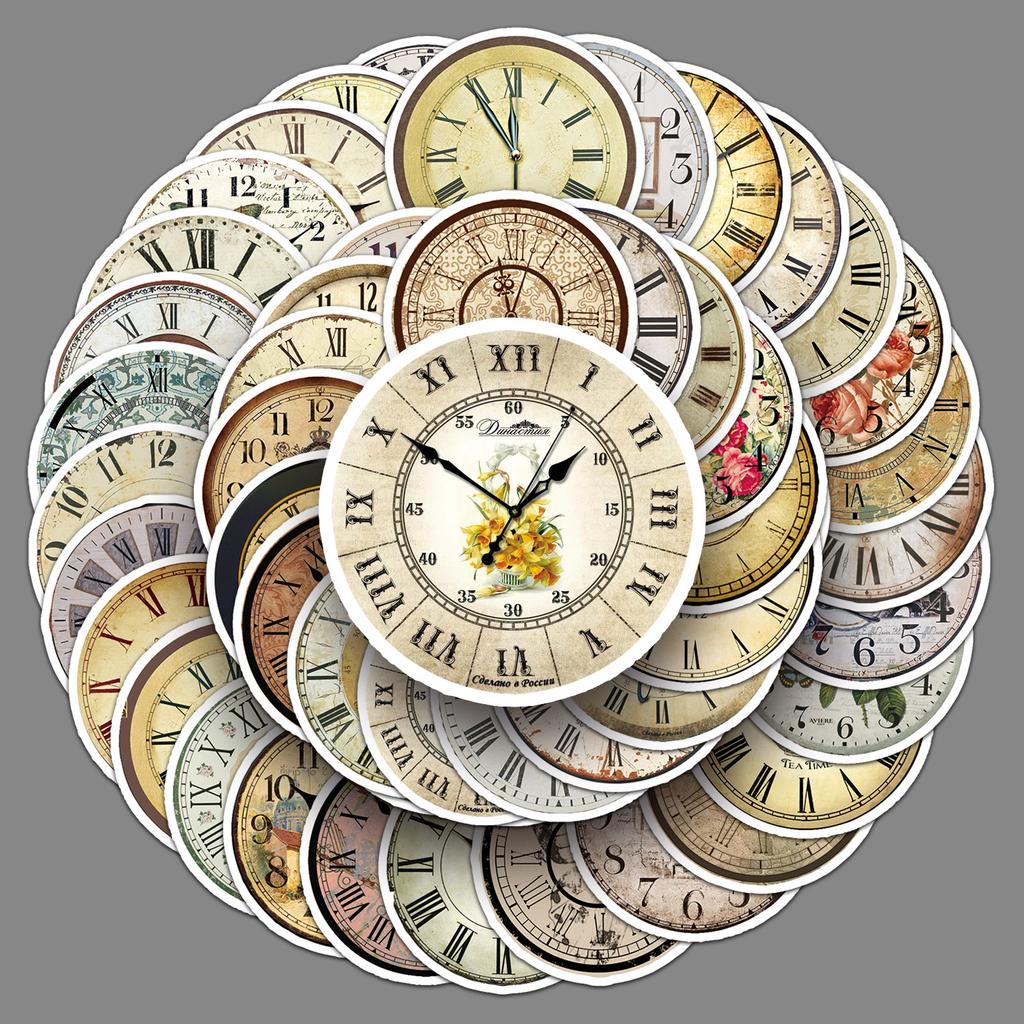 50 Nostalgic Clocks and Doodles Personalized Creative Retro Guka Decorative Mobile Phone Case Suitcase Stickers Waterproof