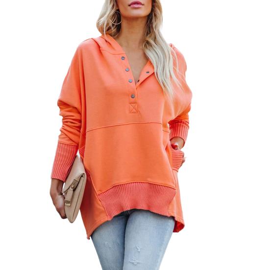 Женская толстовка с капюшоном большого размера на пуговицах с V-образным вырезом, длинными рукавами и карманами на весну, осень, зиму