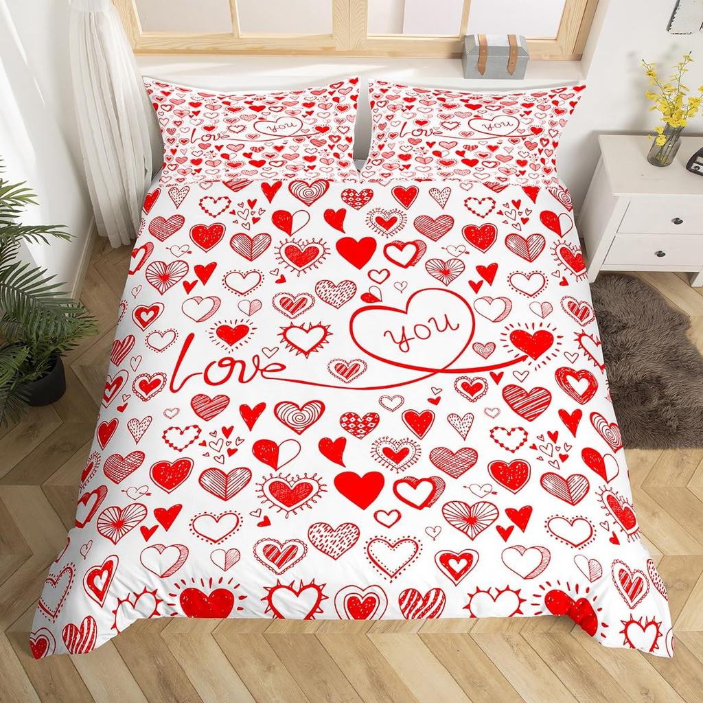 Красный пододеяльник с сердечками для пар, романтический комплект постельного белья с бантом, пододеяльник с любящими сердцами на День святого Валентина, свадебный чехол для одеяла