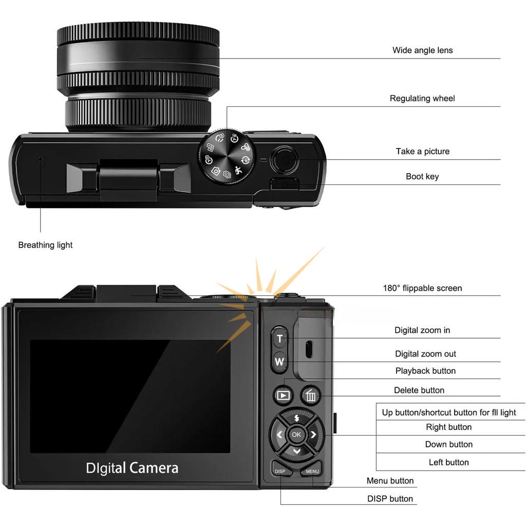 Цифровая камера 64 МП WIFI 4K с откидным экраном 180° Камера для селфи Маленькая портативная 18-кратный цифровой зум VLOG-камера