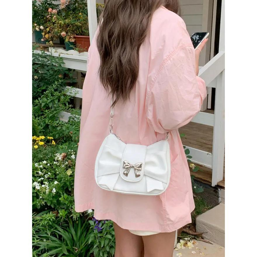 Новые кожаные сумки через плечо для женщин, милые сумки через плечо с бантом для девочек, повседневные однотонные плиссированные женские сумки
