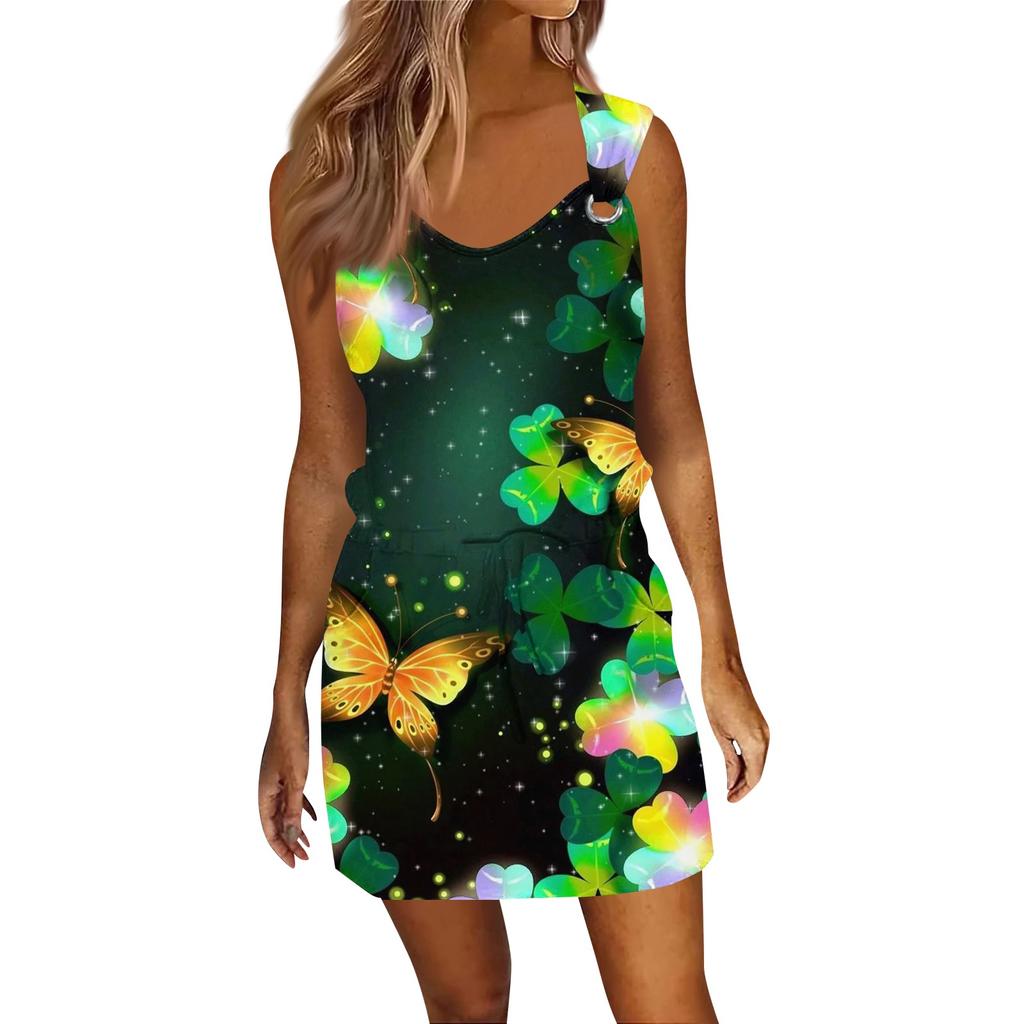 Women's Fashion Casual Printed Sleeveless Drawstring Dress With Pockets