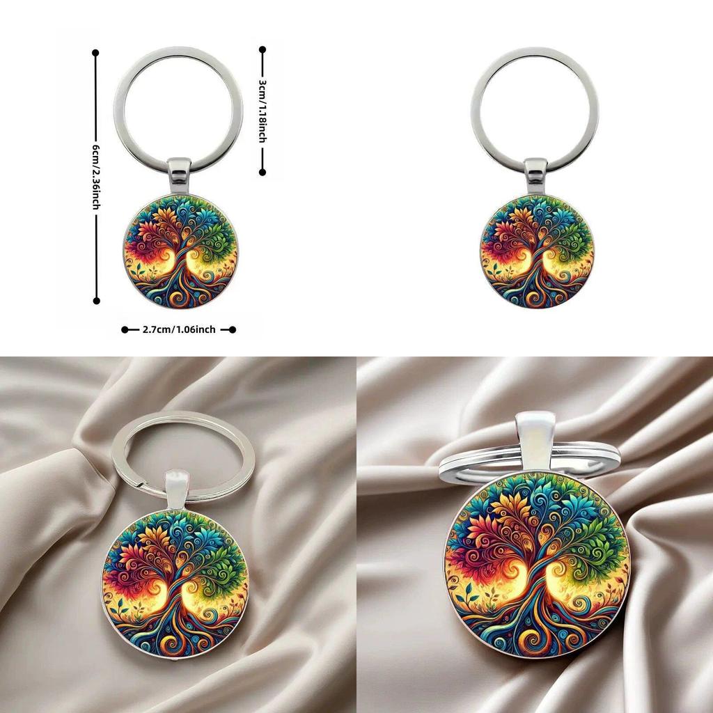 Life Tree Glass Pendant Keychain With Vibrant Line Design For Celebration And Souvenir Use