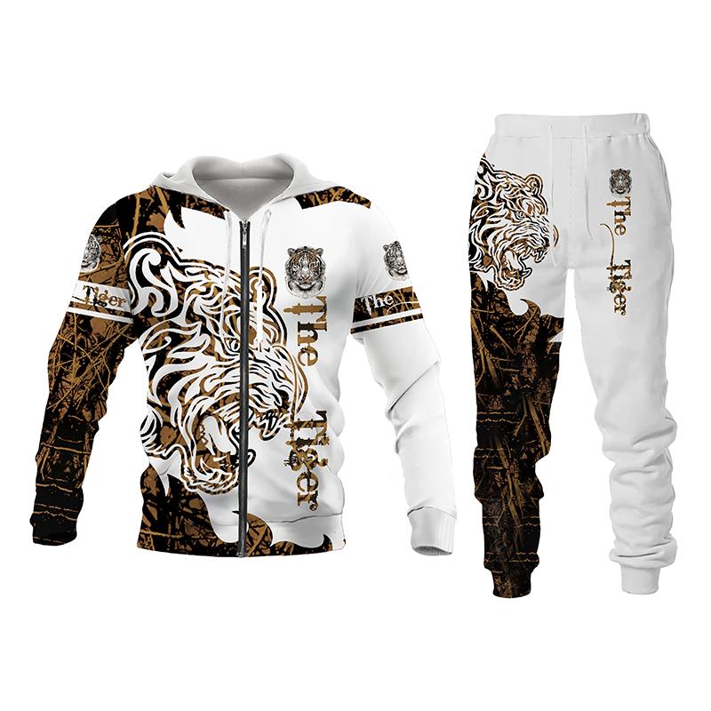 Мужской/женский костюм с капюшоном с 3d принтом волка/льва/тигра, комплект из двух предметов с капюшоном на молнии, осенне-зимний спортивный костюм с капюшоном + брюки