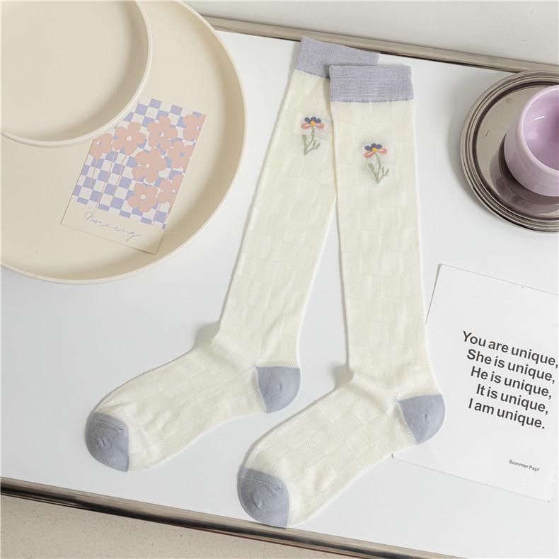 Spring And Summer Color Matching Plaid Flower Calf Socks Women'S Retro Mori College Style Knee Cotton Socks Japanese Jk