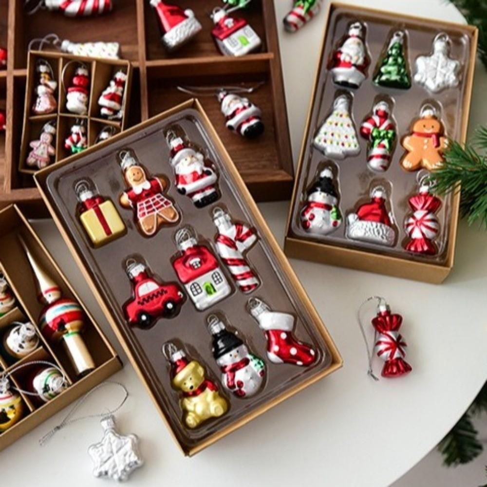 6/9pcs Santa Claus 3D Painting Pendant Glass Christmas Tree Charm Xmas Tree Ornaments Home Decor