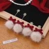 Wine Red Bow & Snowflake Fur Ball Tassel Earrings for Women - Winter Collection