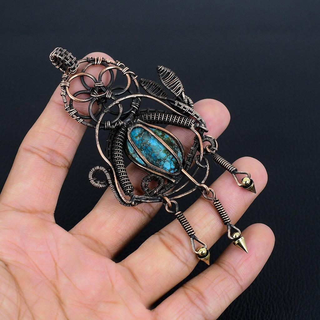Blue Turquoise Handmade Gemstone Pendant, 999 Copper Wire Wrapped Antique Jewelry Pendant, For Engagement Gift