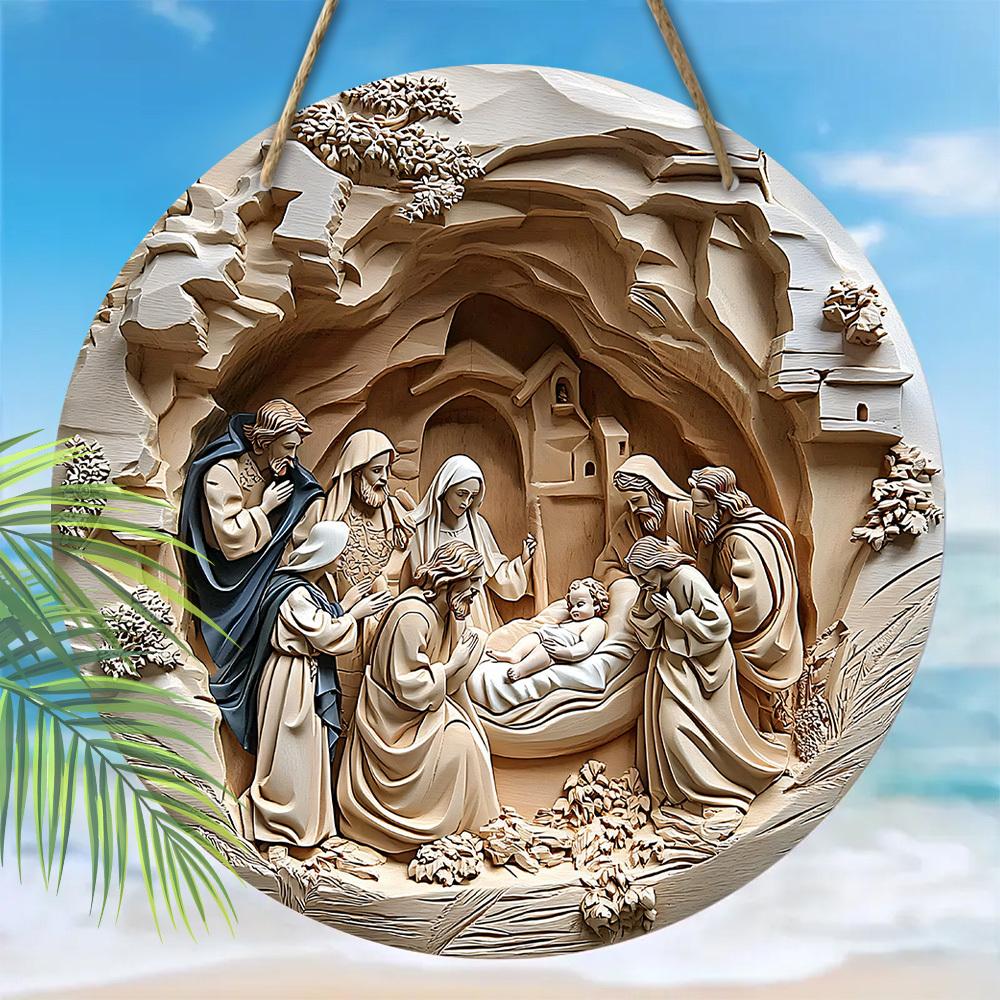 5 шт. Деревянная вывеска с изображением рождественской сцены - 2D плоская круглая 7,87 дюйма Рождественский настенный декор, универсальное праздничное подвесное украшение для дома, сада и праздничной вечеринки