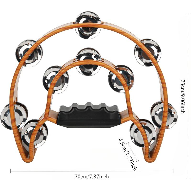 Professional half-moon tambourine with jingles, a hand-held percussion instrument featuring thick jingle strips and an ergonomic handle, suitable for