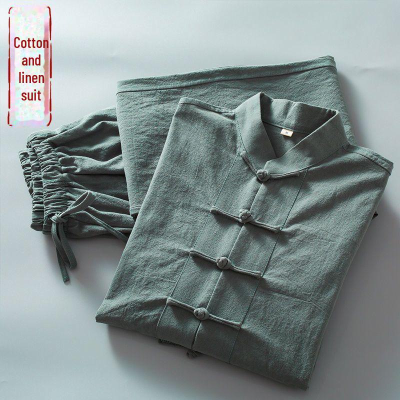 Мужской летний китайский костюм Тан из хлопка и льна: Модный наряд в стиле мандарин с пуговицами