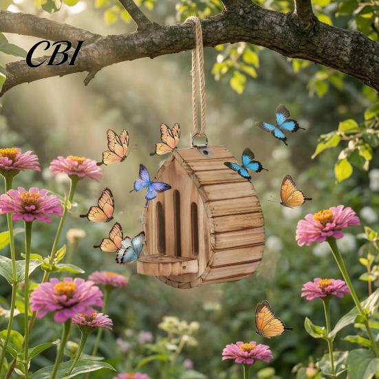 Wooden Butterfly Shelter House And Feeder, Outside Hanging Shelter, Feeder Teardrop Shaped for Garden Decoration Pollinator Habitat
