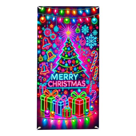 Fluorescent Christmas Door Cover 71x35 Inch Glow In The Dark Door Banner with Santa Tree Gift Box for Winter Front Door Party Wall Decor