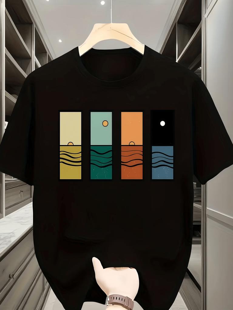 Minimalist Art Style Sun Moon Mountain Sea FourPanel Print ShortSleeve TShirt Sunrise Sunset Ocean W