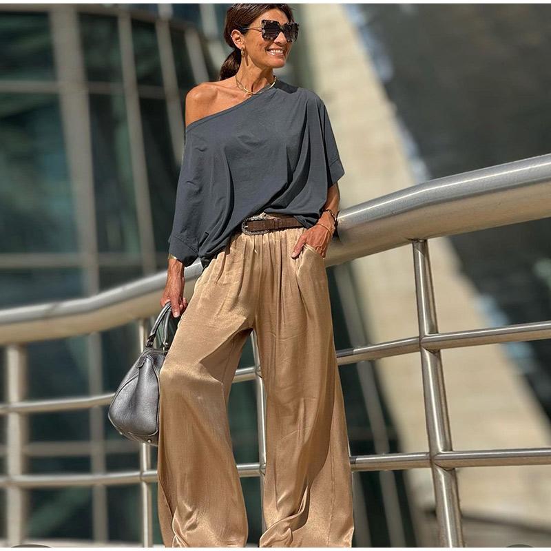 Повседневный однотонный комплект с круглым вырезом, женский модный свободный свитер с коротким рукавом, топы с широкими штанинами, длинные комплекты из 2 предметов для женщин на лето