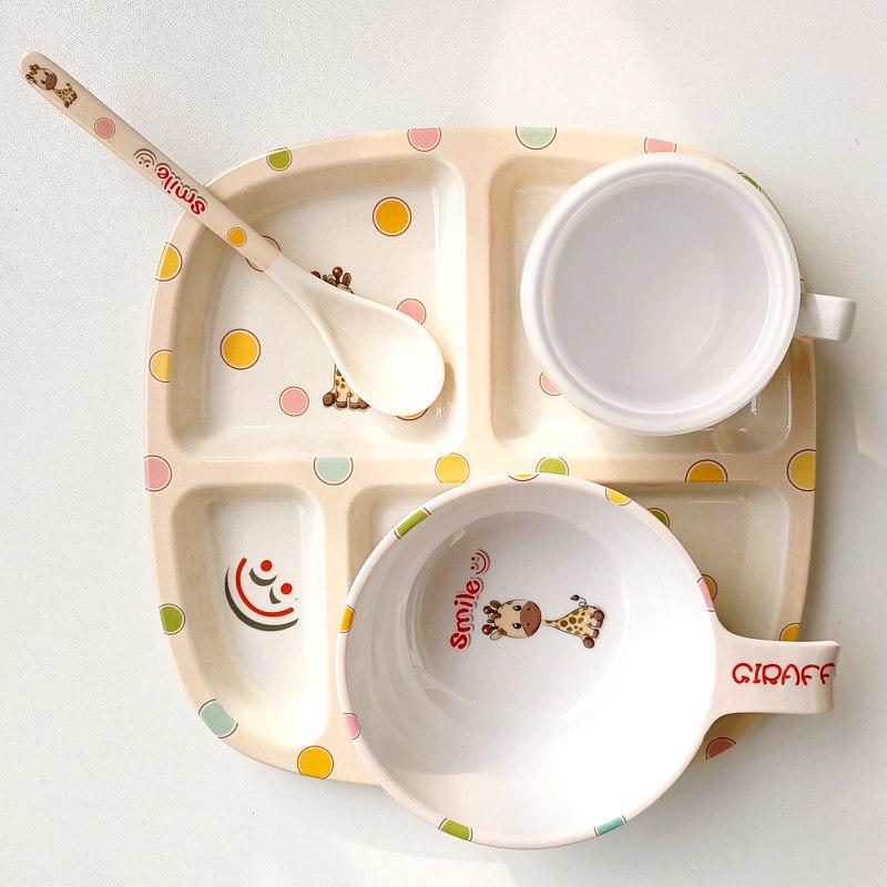 Giraffe Bamboo Fiber Kids Dinner Set with Compartments: Plate, Soup Bowl, and Spoon