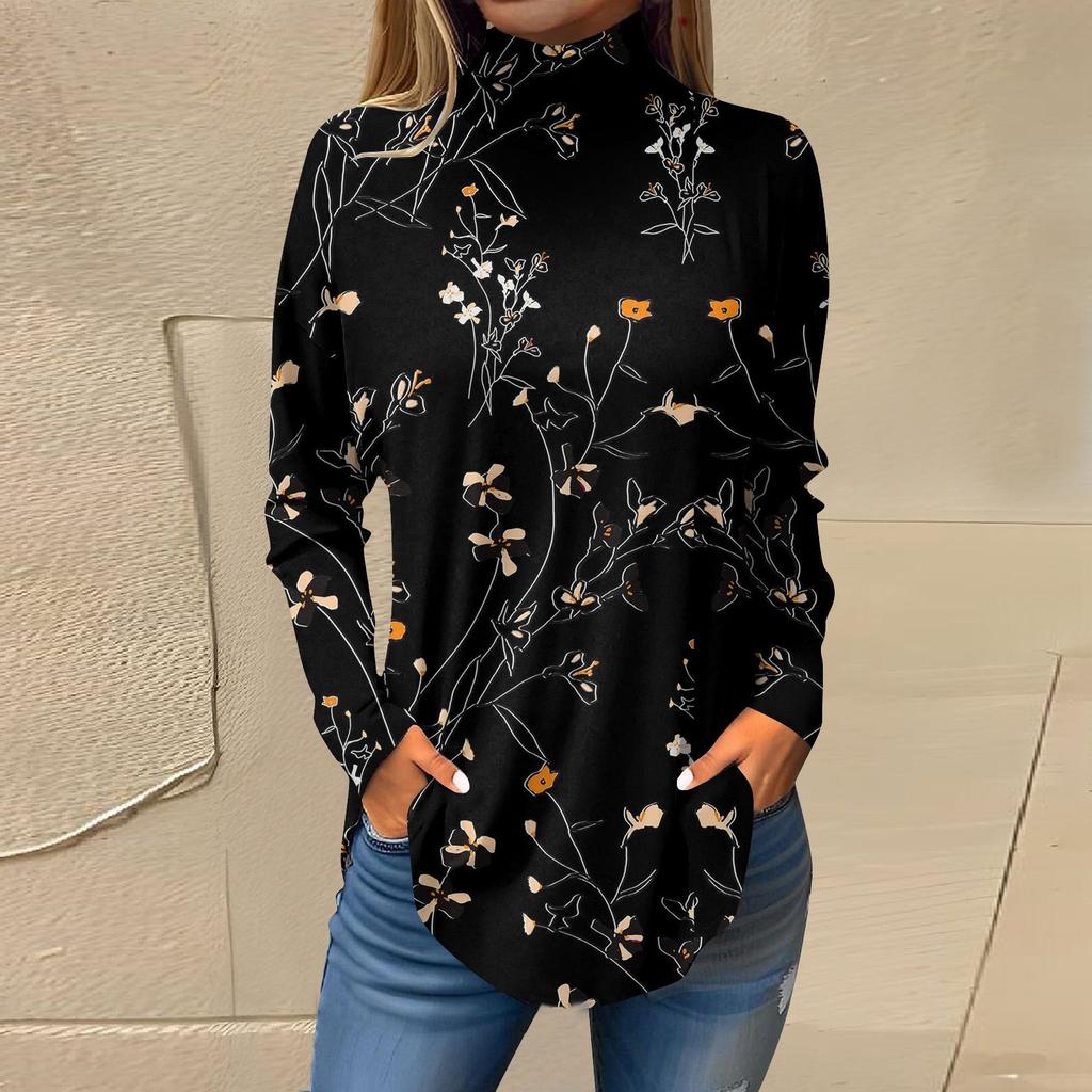 Женская свободная футболка с высоким воротом и длинными рукавами с цветочным принтом в стиле ретро, топ-пуловер