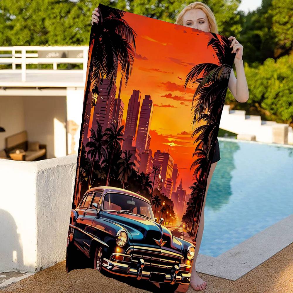 Vintage Pictures Sports Car Pickup Truck Luxury Car Bath Towel Soft Water Absorbing For Girl Kids Decorative Cartoon Beach Towel
