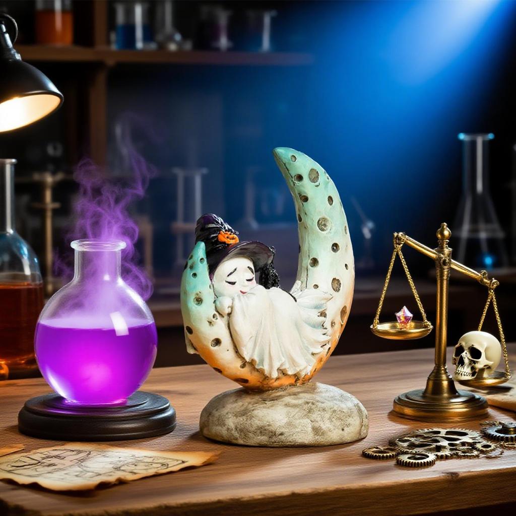 Creative mermaid moon little ghost Figurines with Witch Hat Halloween resin craft Home Decor living room decoration for Holiday