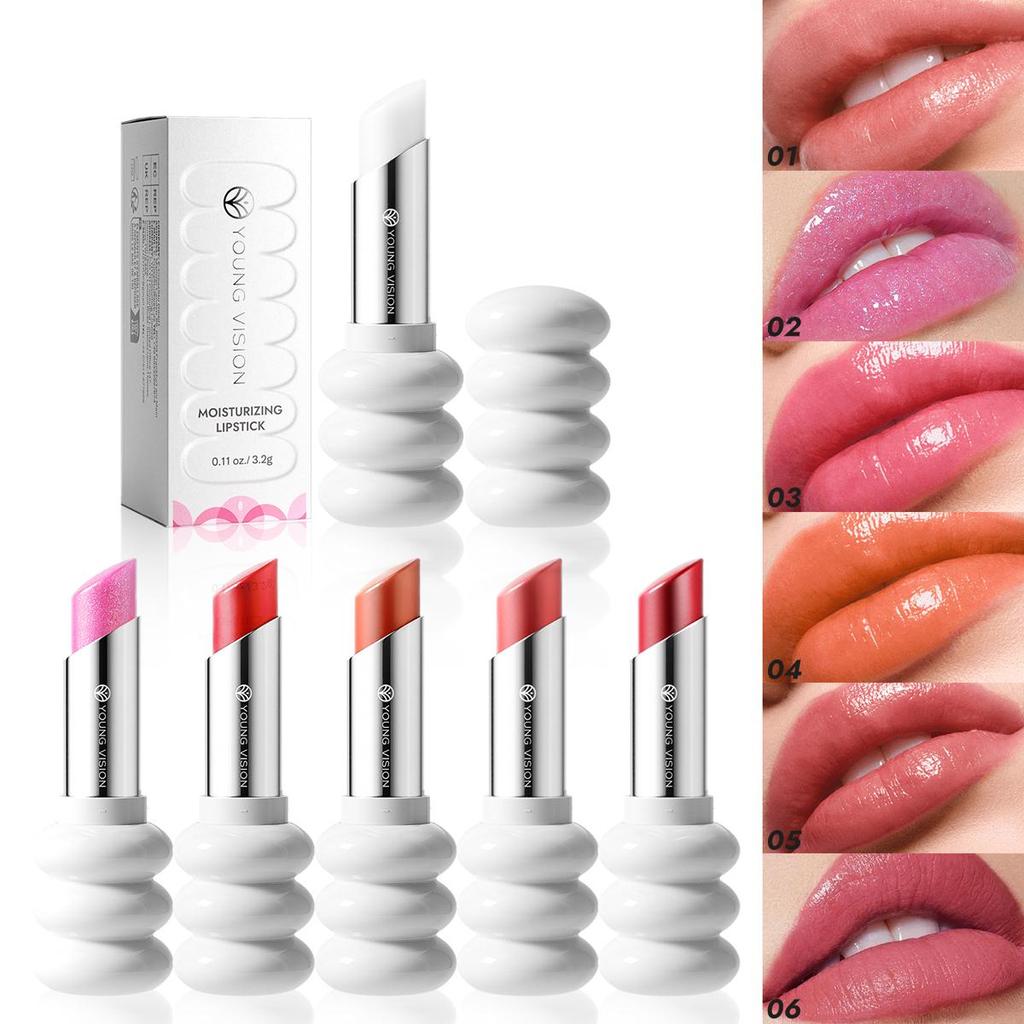Lipstick, White Threaded Tube, Stylish and Simple, Natural Finish, Delicate Glitter, Silky and Lightweight Texture,6 Colors