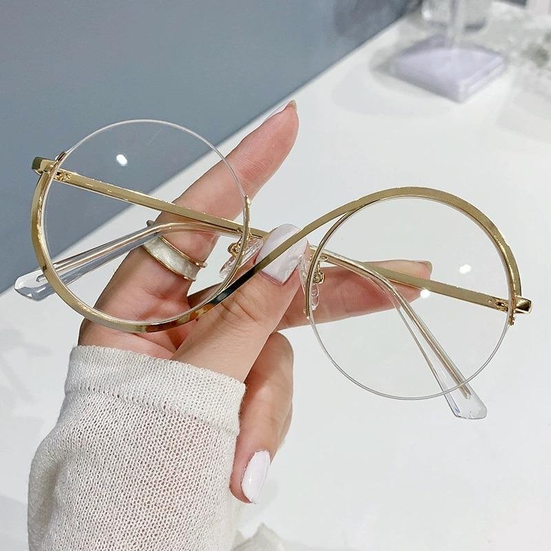 Round Semi-Rimless S Shape Glasses Women Eyeglasses Big Frame Clear Lens Optical Eyewear Men Vintage Anti-Blue Light Computer Eyeglass