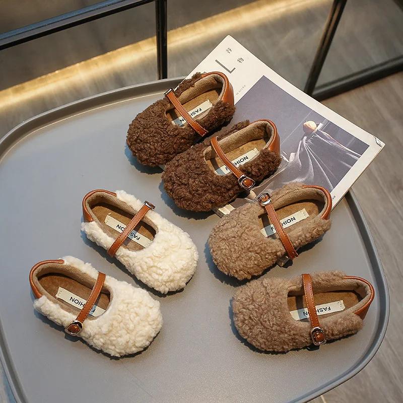 Мода Зима Новые Детские Плоские Туфли Мех Легкие Теплые Детские Повседневные Туфли 2024 Плюшевые Теплые Нескользящие Легкие Для Отдыха Удобные Девочки Меховые Туфли