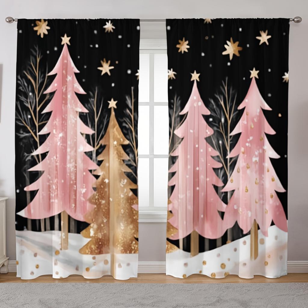 2 Elegant Classic Art Christmas Tree and Snowflake Design Rod Pocket Curtains for Home Decor In Living Room and Bedroom Window