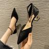 H377-38 Black High Heels Thick Heel 5cm Pointed Hollow High Heels Women's Spring New One-word Buckle Single Shoes Low Heel