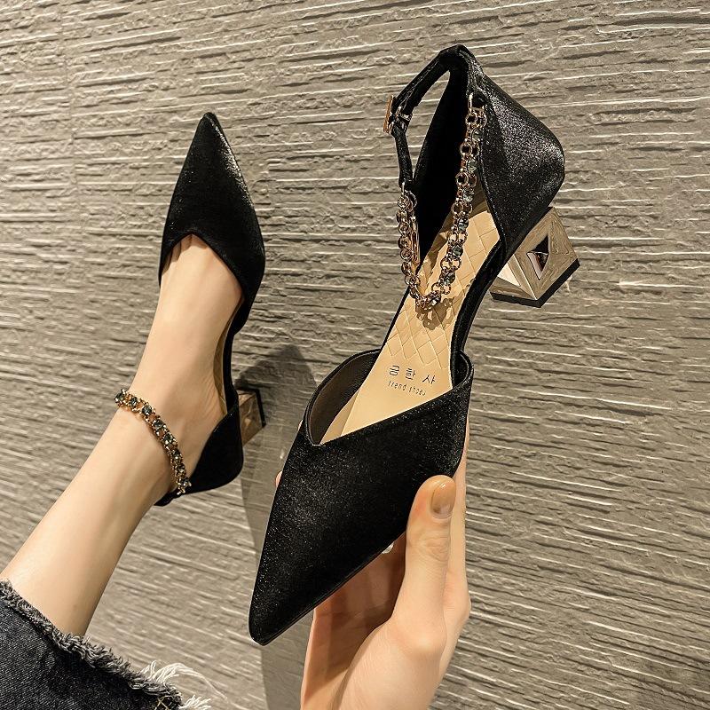 H377-38 Black High Heels Thick Heel 5cm Pointed Hollow High Heels Women's Spring New One-word Buckle Single Shoes Low Heel