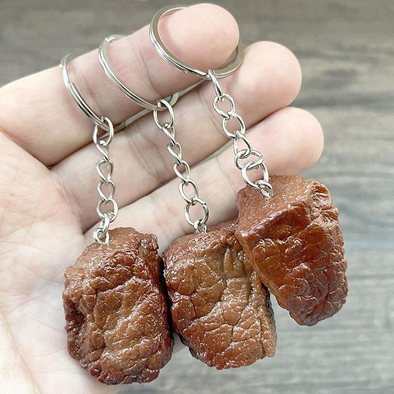 Simulation Beef Block Beef Keychain Imitation Food Pvc Beef Cubes Keyring Food Model Simulation Food Keychain Jewelry