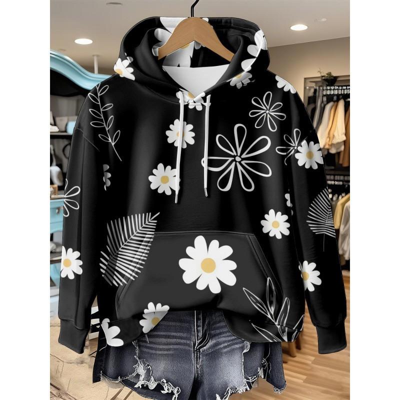 Womens Oversized Hooded Long Sleeve Sweatshirt With Floral Plaid Print Comfortable Breathable Casual Top