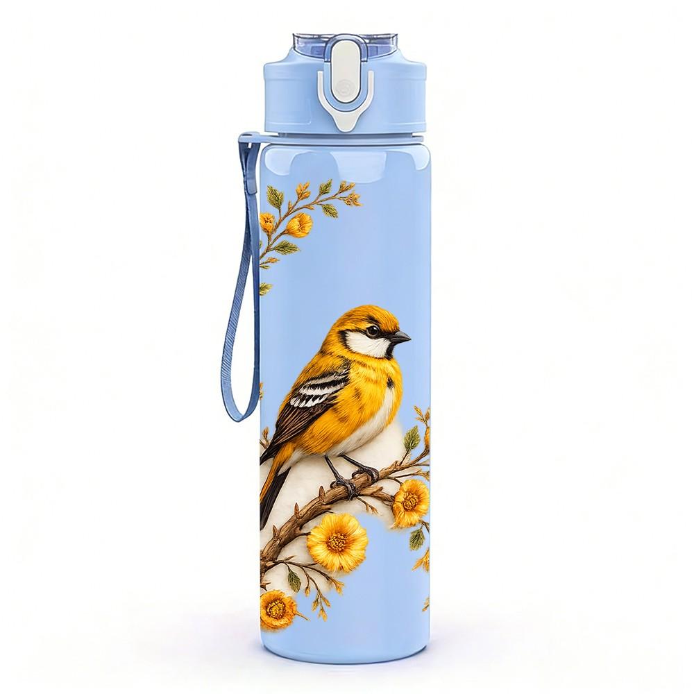 1PC Bird Perch On Sunflower Branch Print 750ml Color Plastic Sports Water Bottle Leakproof Flip Straw Lid Suitable for Sports Office Home Use