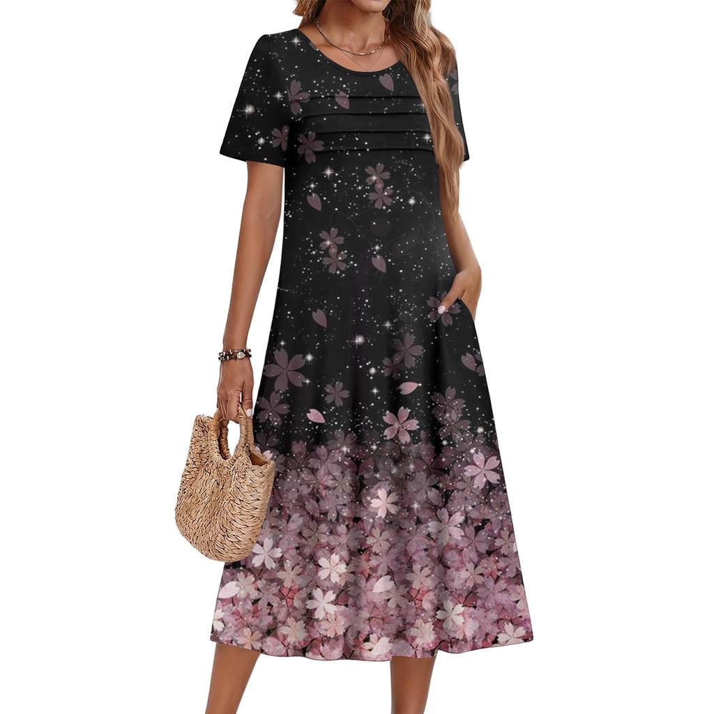 Женское повседневное и модное платье с цветочным принтом, короткими рукавами и круглым вырезом.
