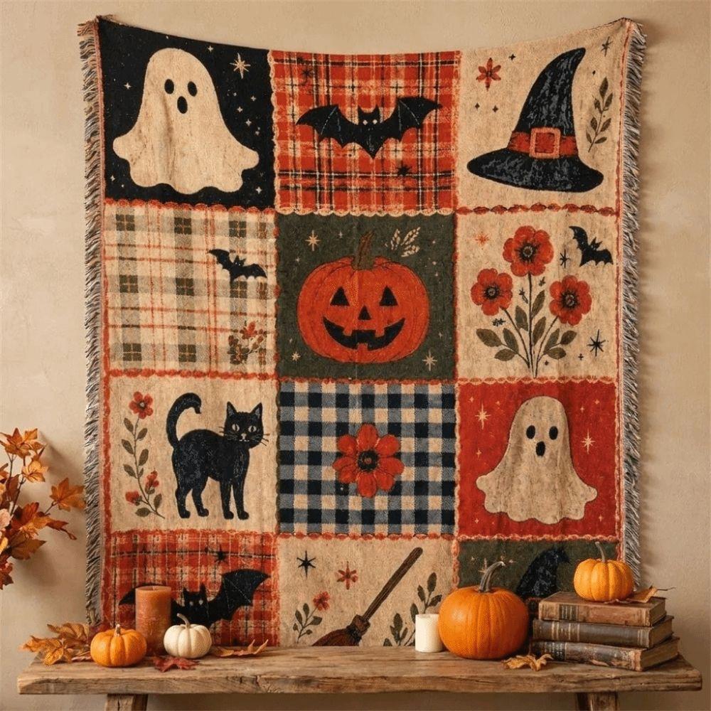 Vintage Halloween Patchwork Blanket Warm Ghost Throw Blanket Pumpkin Ghost Blanket Bedroom