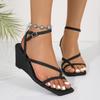 Sexy Black Cross Strap Clip Toe Sandals Women Square Toe Wedge Heels Sandals 2025 Summer Casual Party Dress Shoes Full Code