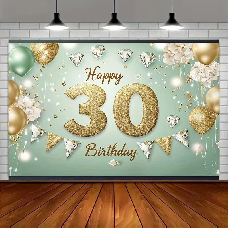 2D 30th Birthday Party Backdrop, Mint Green Gold Glitter Decoration Background