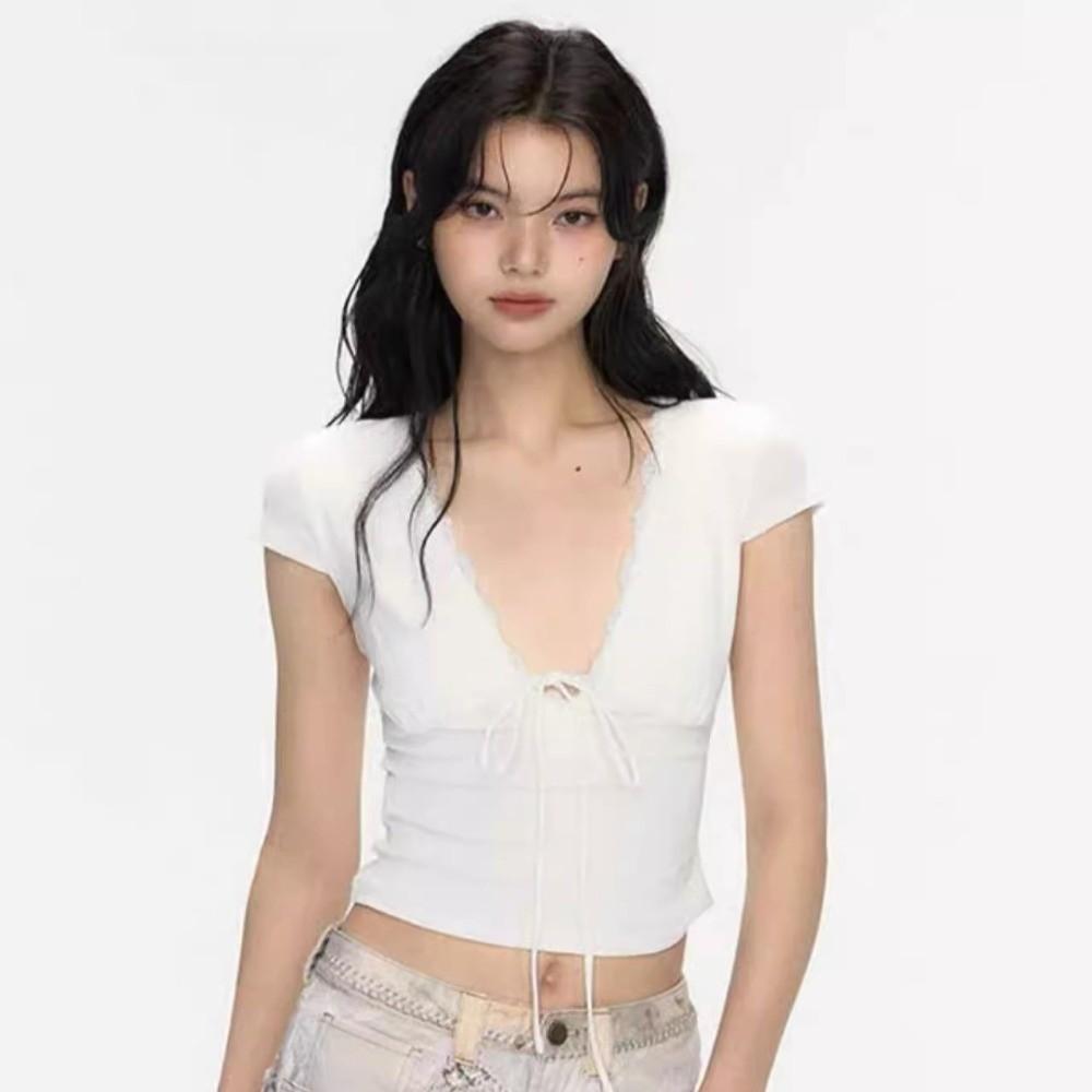 Short Sleeve Bottoming T-shirt V Neck Camisole Elegant Slim Crop Tops Streetwear