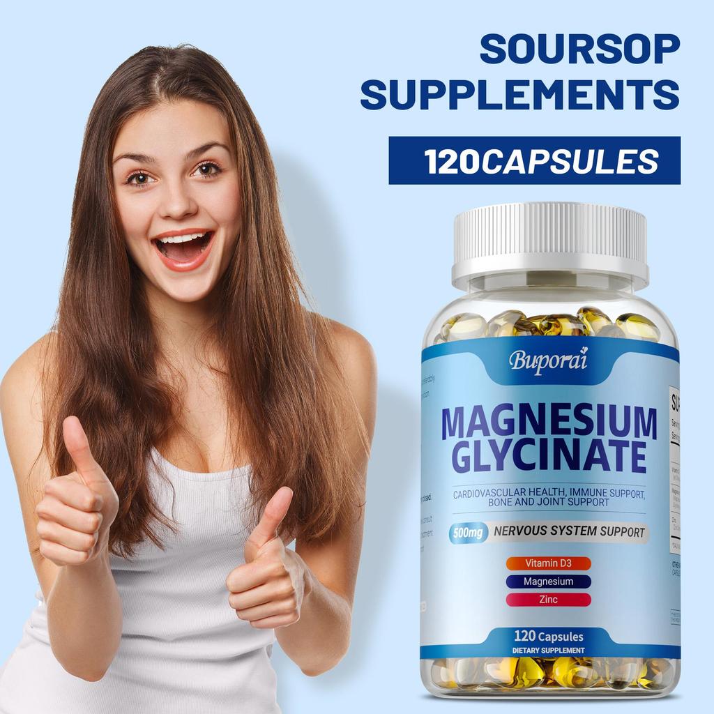 High-purity magnesium glycine capsules, 500mg, vitamin D3, zinc complex formula, protects bone and joint health.