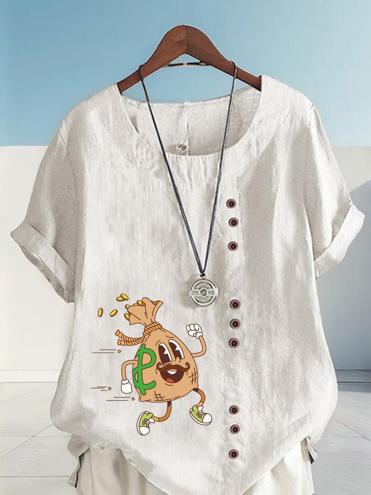 Women's Fashion Human Shaped Money Bag Print Shot Sleeve T-shirt Loose Cotton Shirt Casual Loose Summer Blouse Tops Plus Size