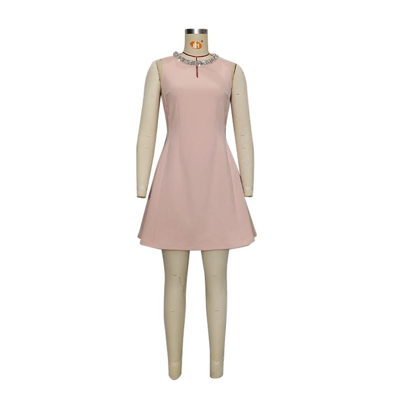 Ladies' Full Diamond Collar Studded Pearl Dress with Crystal Decoration Summer New Pink Waist Cinched Dress Temperament Short Sleeveless Women's Skirt