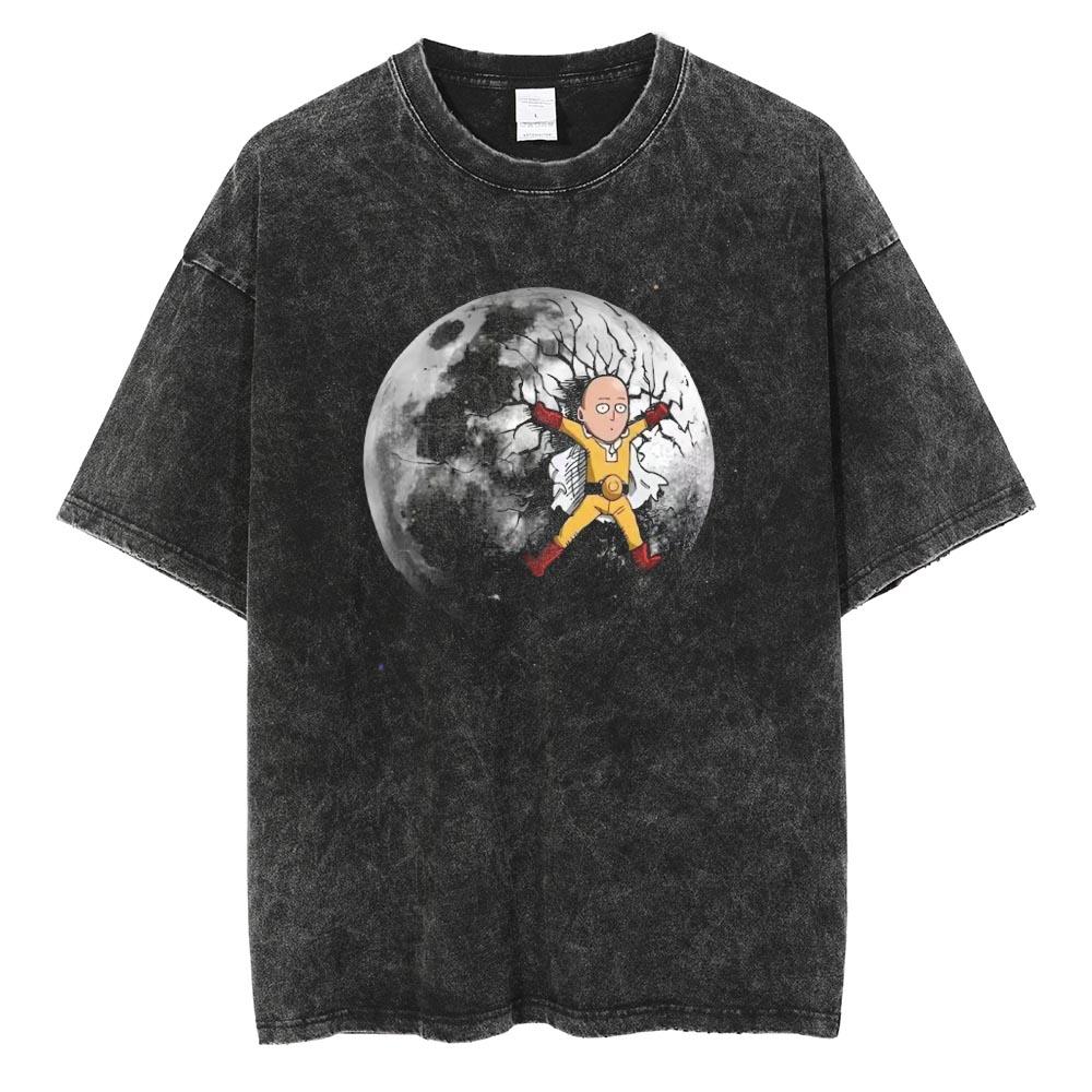 Аниме ONE PUNCH-MAN Сайтама Футболка с принтом Мужская Женская Футболки из стираного хлопка Футболка оверсайз Харадзюку Мужская Манга Винтажная футболка