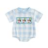 Baby Boys Girls Rompers Short Sleeve Round Neck Duck Embroidery Checkered Print Bodysuit Playsuit