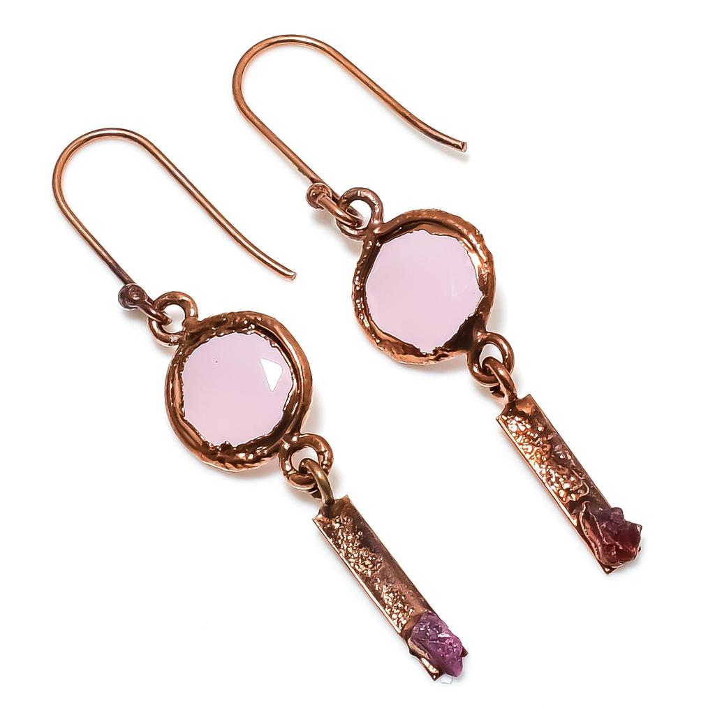 Серьги из розового халцедона, ювелирные изделия из драгоценных камней, серьги ручной работы, покрытые медью электроформированием, ювелирные изделия последнего дизайна